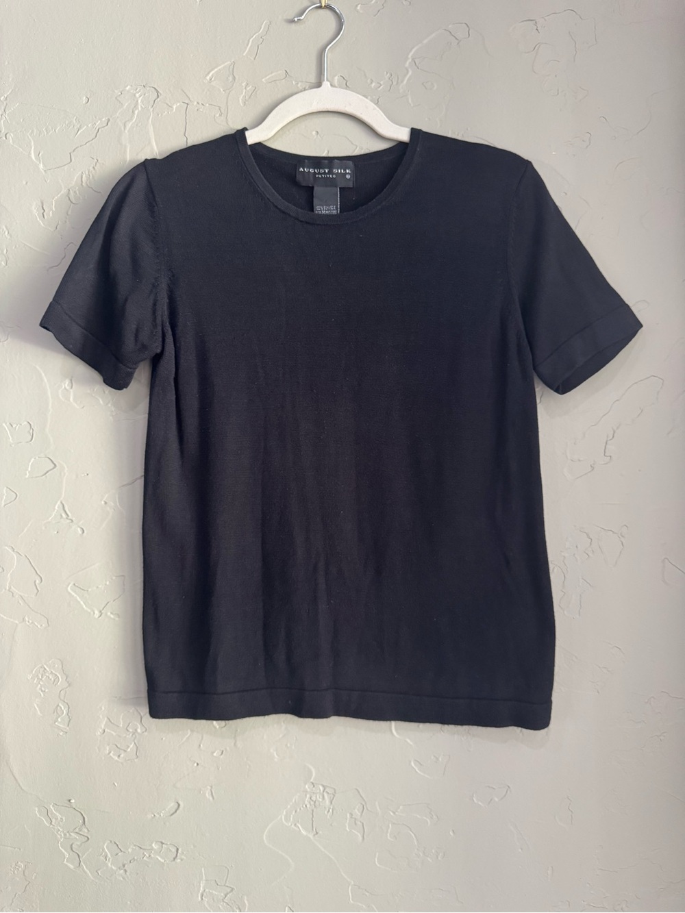 August Silk Petites Black 100% Silk Knit Short Sleeve Top size SP